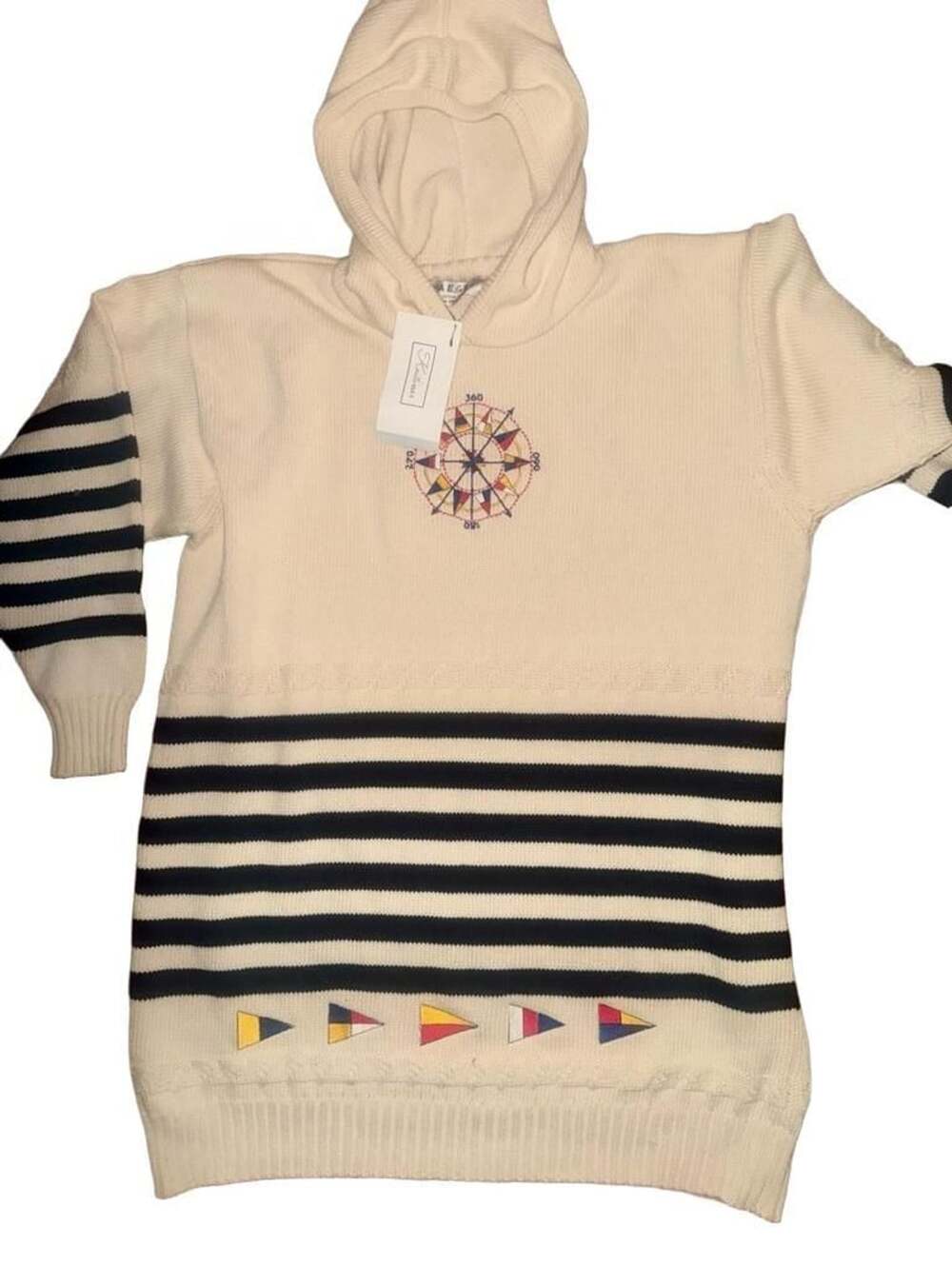 Jaeger Knitwear Hoodie Size Medium Ecru Nautical Compass Stripe New